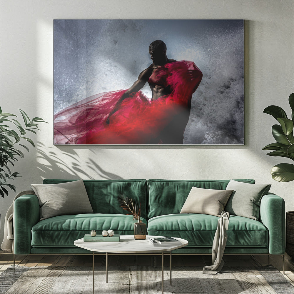 A dramatic photograph of a muscular Black man, mostly in shadow, holding a voluminous, sheer red fabric against a backdrop of splashing white water. The image is encased in a silver frame. Poster