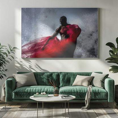 A dramatic photograph of a muscular Black man, mostly in shadow, holding a voluminous, sheer red fabric against a backdrop of splashing white water. The image is encased in a silver frame. Poster