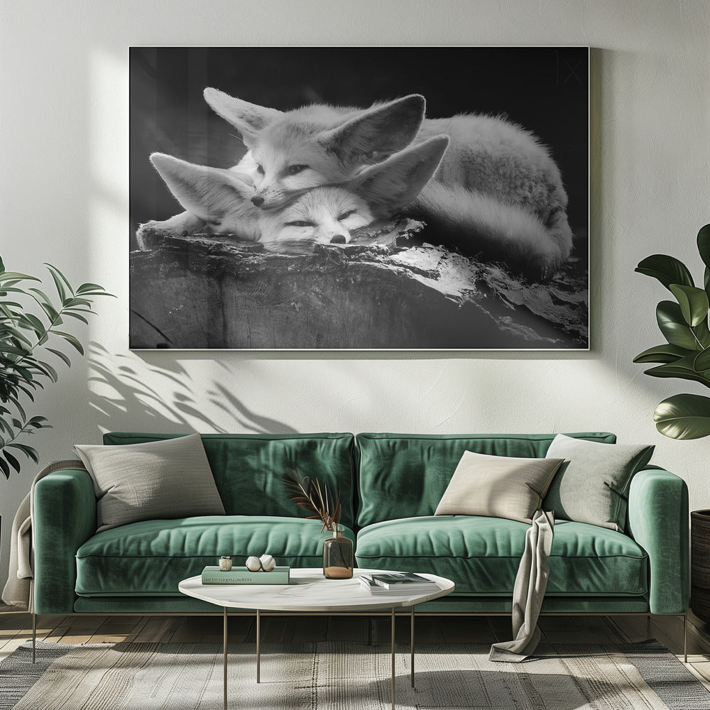A black and white photograph of two fennec foxes cuddling together on a dark piece of wood. One fox rests its head on the other, which has its eyes closed. Their large, prominent ears are a key feature in the composition, set against a dark, out-of-focus background. The image is enclosed in a silver-grey frame. Print