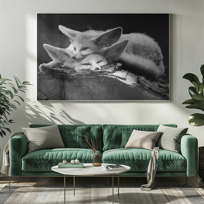 A black and white photograph of two fennec foxes cuddling together on a dark piece of wood. One fox rests its head on the other, which has its eyes closed. Their large, prominent ears are a key feature in the composition, set against a dark, out-of-focus background. The image is enclosed in a silver-grey frame. Print