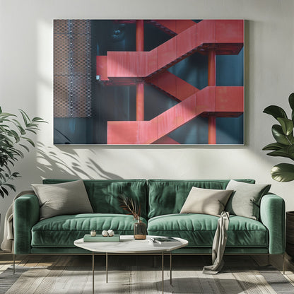 A framed abstract architectural photograph of a bright red industrial staircase zig-zagging against a dark teal wall. The composition highlights the geometric shapes and bold color contrast between the red stairs and the cool-toned background, with a silver mesh panel visible on the left side. Print