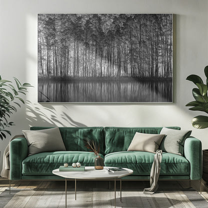 A framed black and white photograph of a dense forest of tall, slender trees reflected perfectly in the calm water below, creating a symmetrical and dramatic landscape. Poster