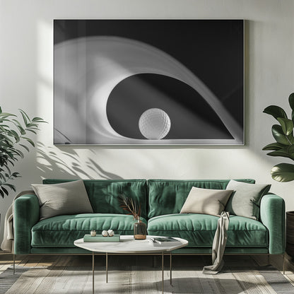 A dramatic black and white still life photo featuring a golf ball set against a stark black background. A large, abstract white shape swirls gracefully over the ball, creating a dynamic, wave-like composition. The image is presented within a silver frame. Decor