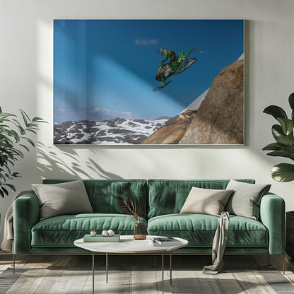 A dynamic action shot of a person in full gear launching a green snowmobile into the air off a rocky, snow-covered cliff, set against a backdrop of a vivid blue sky and distant snowy mountains. The image is enclosed in a silver frame. Wall Art