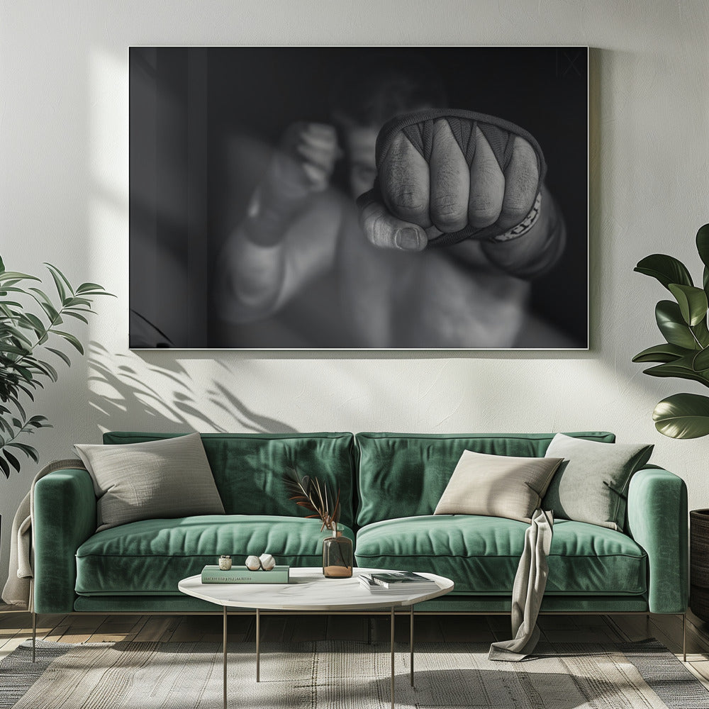 A dramatic black and white close-up photograph of a boxer's wrapped fist punching towards the camera. The fighter's body and other fist are blurred in the background, creating a powerful and intense mood. Print