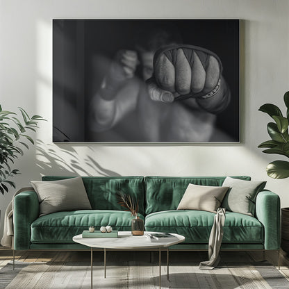 A dramatic black and white close-up photograph of a boxer's wrapped fist punching towards the camera. The fighter's body and other fist are blurred in the background, creating a powerful and intense mood. Print