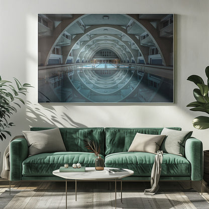 An atmospheric photograph of an empty indoor swimming pool with remarkable Brutalist-style architecture. A series of large, repeating concrete arches span the length of the pool, creating a tunnel-like effect. The arches and lights are perfectly reflected in the still, blue water, forming a symmetrical, eye-like shape. Decor