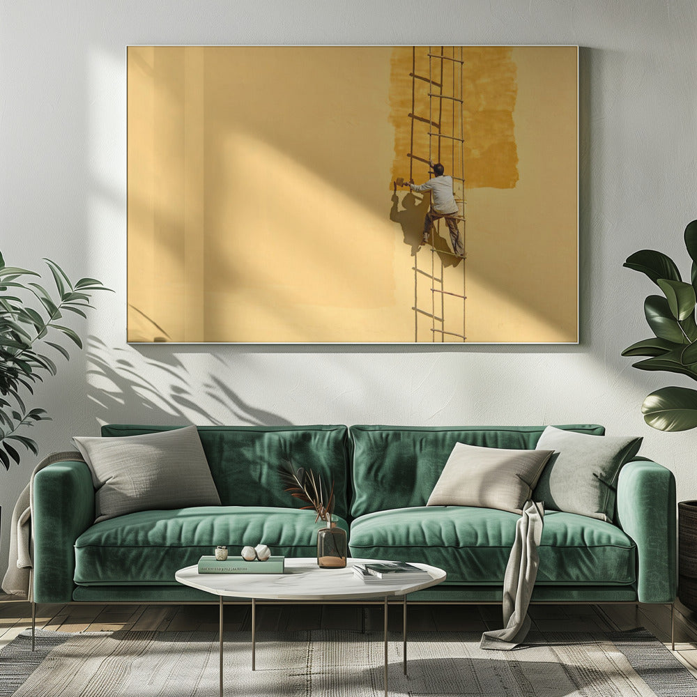 A man viewed from behind stands on a rope ladder, painting a large, bright yellow wall a slightly darker shade of yellow, casting a stark shadow in the bright sun. The image is presented within a silver frame. Decor