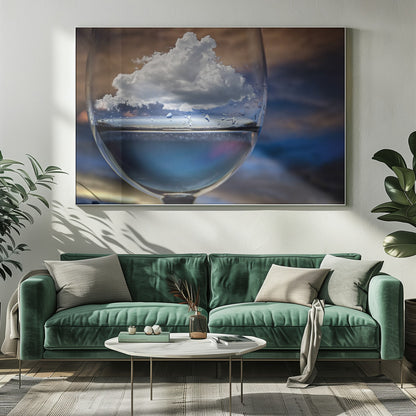 A surreal close-up of a wine glass holding blue liquid and a single white cloud, with water droplets on the glass, set against a blurred background and enclosed in a silver frame. Print