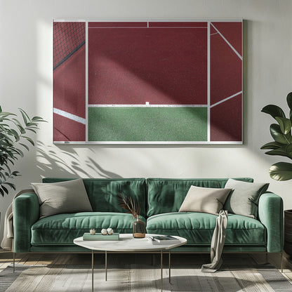 An abstract, framed triptych photograph showing an overhead view of a sports court. The image is divided into panels, featuring geometric blocks of deep red and green court surfaces, intersected by clean white boundary lines and a glimpse of a black net. Decor