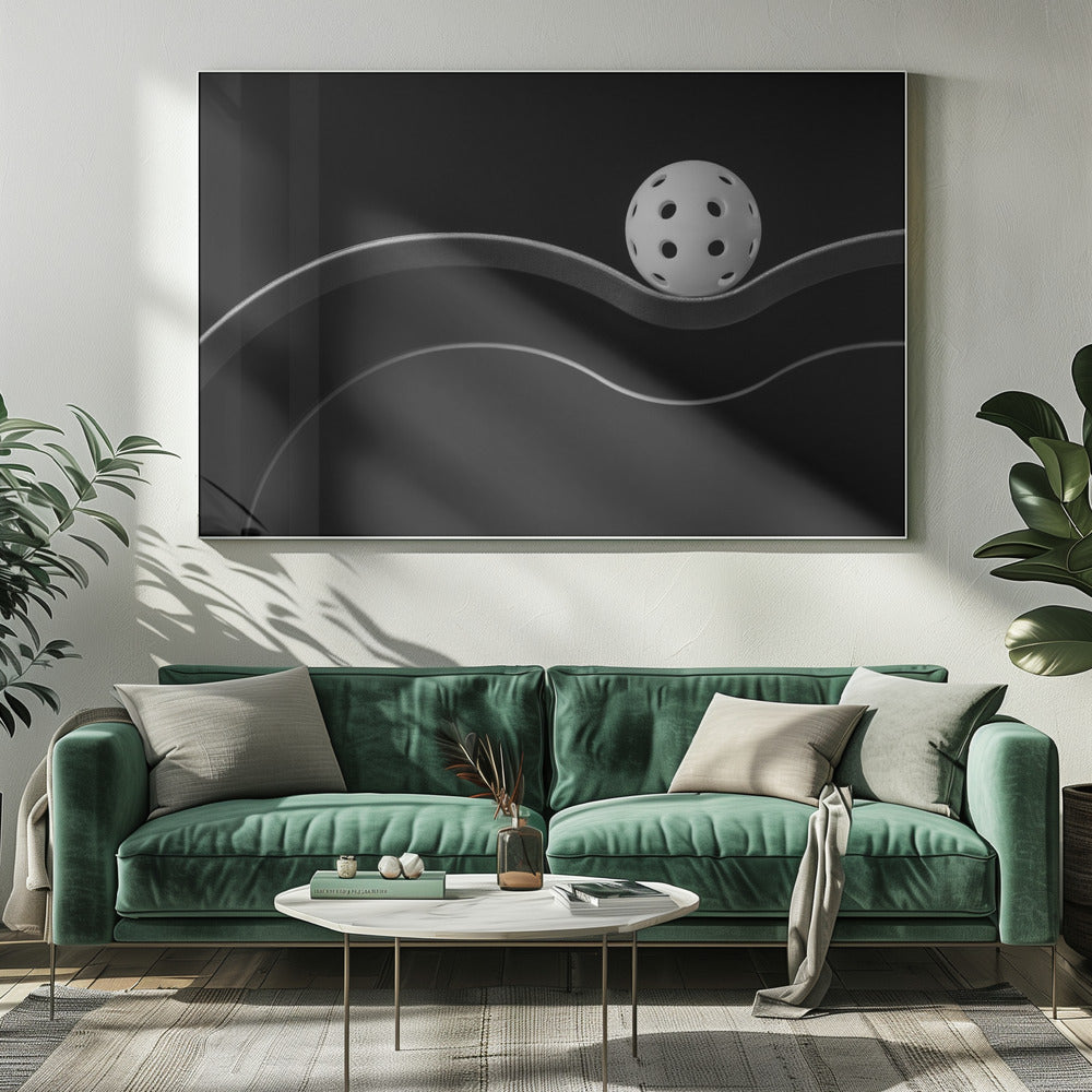 A minimalist black and white photograph of a white pickleball resting perfectly balanced on a thick, wavy, textured line against a solid black background. Below it, a thin white line mimics the curve. The entire piece is framed in silver. Poster