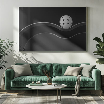 A minimalist black and white photograph of a white pickleball resting perfectly balanced on a thick, wavy, textured line against a solid black background. Below it, a thin white line mimics the curve. The entire piece is framed in silver. Poster