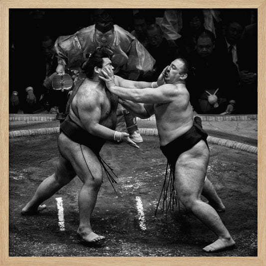 A dynamic black and white action photograph of a sumo wrestling match. Two large wrestlers are in the middle of a clay ring, one pushing forcefully against the other's face. A referee in traditional robes stands behind them, and spectators watch from the background. The entire scene is captured within a light wood frame. Artwork