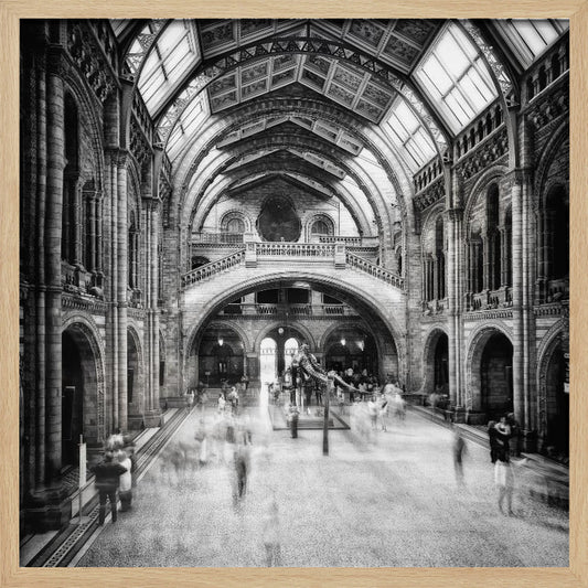 A black and white long exposure photograph of the grand hall of a natural history museum. The ornate, high-arched Romanesque architecture is in sharp focus, while a dinosaur skeleton stands in the center. Crowds of people are blurred into ghostly apparitions as they move through the vast space. Print