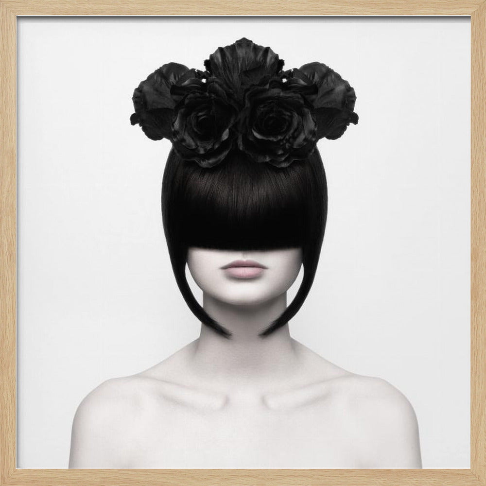 A stylized black and white portrait of a woman with a sleek black bob hairstyle where the bangs completely cover her eyes. She wears a large, elaborate headpiece made of black roses. Her expression is neutral, showing only her mouth and chin. The image is set against a plain white background and enclosed in a light wood frame. Print