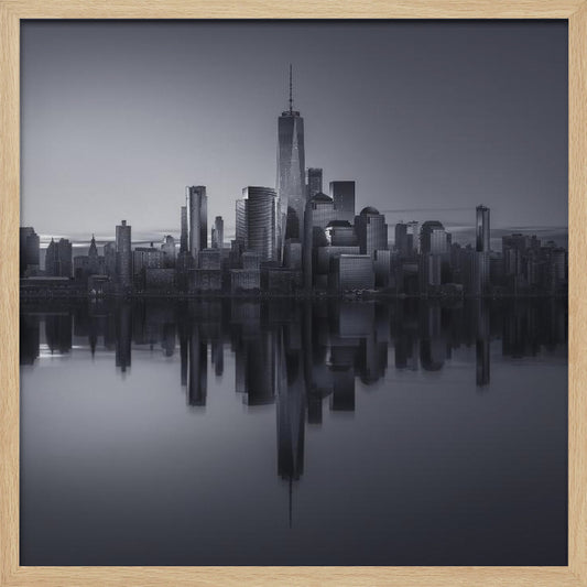 A framed, moody black and white photograph of the Lower Manhattan skyline, featuring the One World Trade Center, with a perfect, still reflection of the skyscrapers in the water below. Decor
