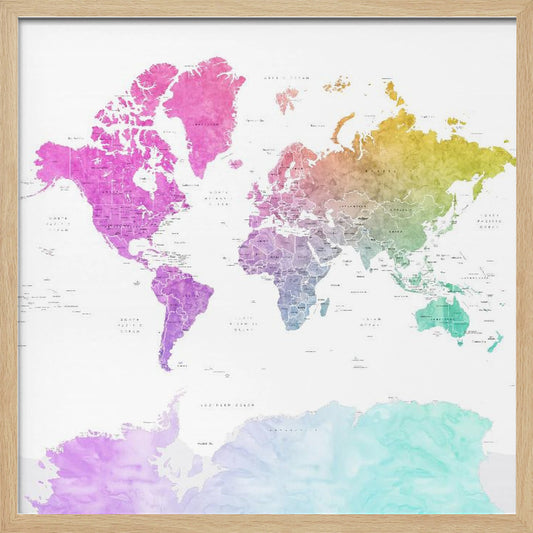 A framed art print of a world map featuring a colorful watercolor effect. The continents are painted in a rainbow gradient, transitioning from pink and purple in the Americas to yellow, green, and teal across Europe, Asia, Australia, and Antarctica, all set against a clean white background. Print