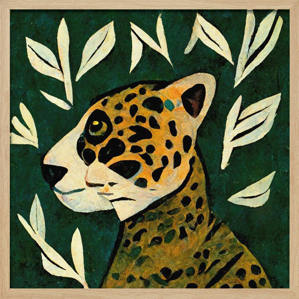 A stylized painting of a jaguar's head and neck in profile against a dark green background. The jaguar has yellow and orange fur with black spots. The background is adorned with scattered, simple, off-white leaf illustrations. The artwork has a textured, folk-art feel and is enclosed in a light wood frame. Decor