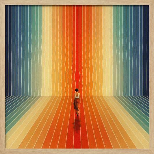 A surrealist artwork in a light wood frame depicting a woman seen from behind walking into a room with infinite perspective. The walls and floor are made of continuous, wavy vertical stripes in a rainbow gradient, starting with cool blues and transitioning to warm oranges and a central red path. Poster