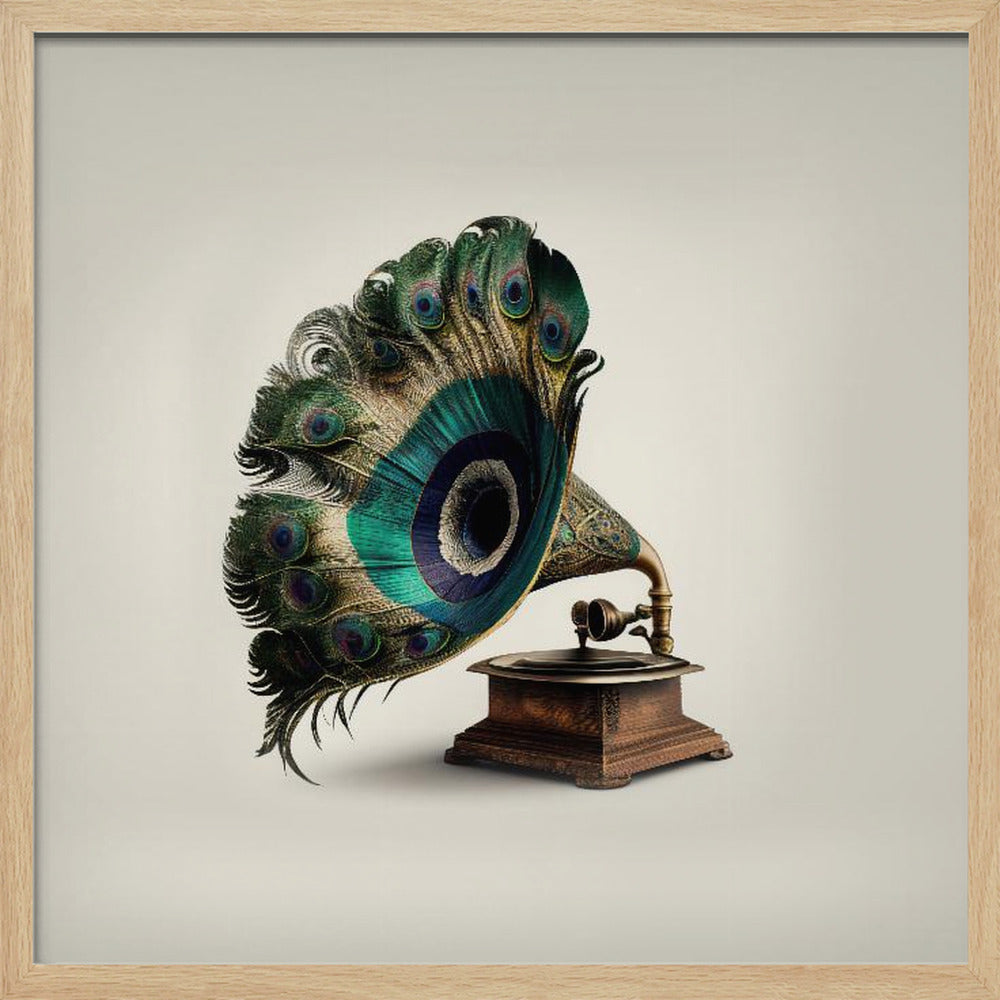 A surrealist artwork of a vintage gramophone where the horn is replaced by a large, fanned-out array of vibrant peacock feathers, complete with their iconic green and blue eye spots. The gramophone has a dark wood base and is set against a plain, off-white background, all within a light-colored wooden frame. Artwork