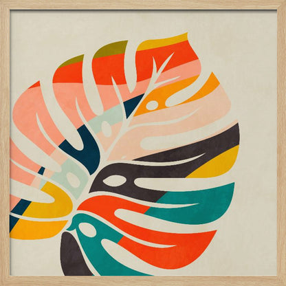 A framed abstract artwork featuring a stylized Monstera leaf. The leaf is composed of various colorful blocks and stripes in orange, teal, pink, and dark blue, set against a beige background. Print