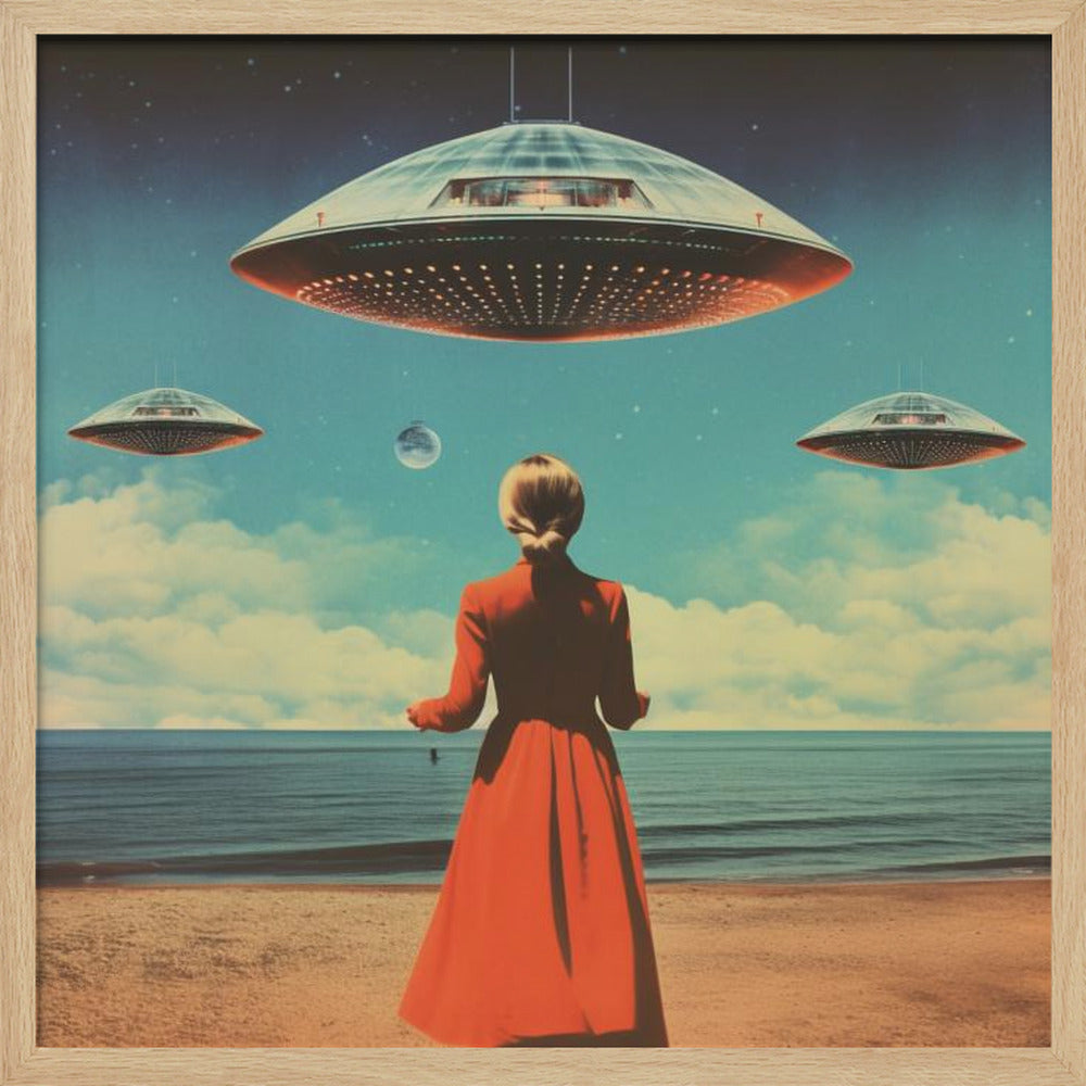 A vintage-style collage artwork showing a woman in a long red coat standing on a sandy beach, looking up at three large flying saucers hovering in a surreal sky that transitions from day to night. Artwork