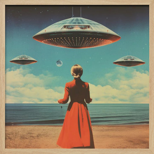 A vintage-style collage artwork showing a woman in a long red coat standing on a sandy beach, looking up at three large flying saucers hovering in a surreal sky that transitions from day to night. Artwork