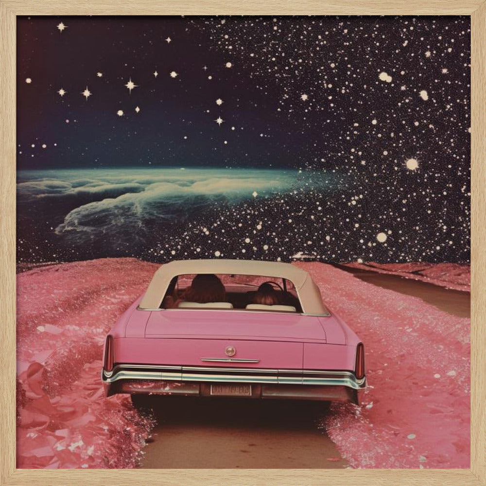 A framed collage-style artwork depicting a vintage pink convertible from behind, driving on a surreal pink road. The background is a vast, dark, star-filled space with a luminous, cloudy planet horizon. Poster