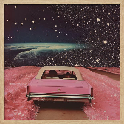 A framed collage-style artwork depicting a vintage pink convertible from behind, driving on a surreal pink road. The background is a vast, dark, star-filled space with a luminous, cloudy planet horizon. Poster