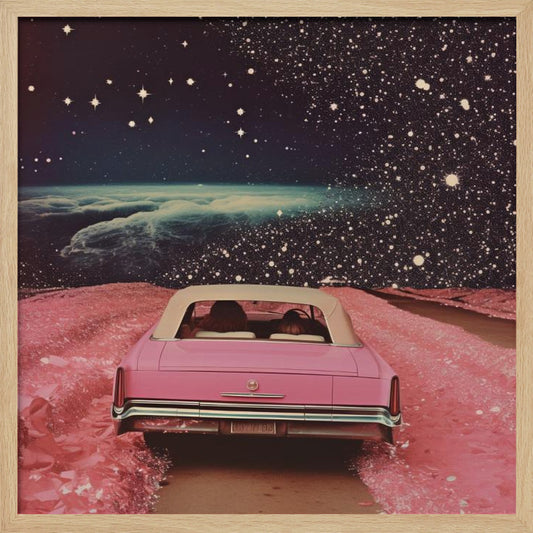 A framed collage-style artwork depicting a vintage pink convertible from behind, driving on a surreal pink road. The background is a vast, dark, star-filled space with a luminous, cloudy planet horizon. Poster