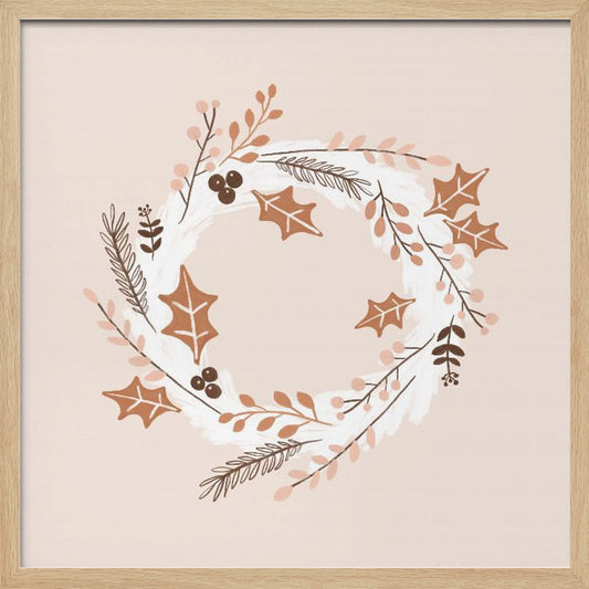 A square illustration of a winter wreath in a light wood frame. The artwork features a minimalist design with holly leaves, berries, and pine sprigs in shades of brown, terracotta, and soft pink on a white brushstroke base, all set against a pale blush pink background. Print