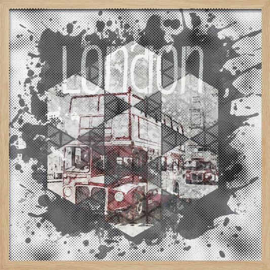 A framed modern art piece featuring a collage of London imagery, including a red double-decker bus and Big Ben, arranged in a hexagonal pattern. The artwork has a graphic, pop-art style with halftone dot effects and is surrounded by grey and black ink splatters, with the word 'london' visible at the top. Poster