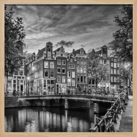 Monochrome art print depicting an idyllic impression of Singel in Amsterdam Wall Art