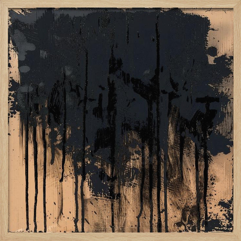 An abstract painting in a light wood frame featuring a textured beige background with thick, glossy black paint heavily applied across the top half, with prominent drips and splatters running down the canvas. Poster