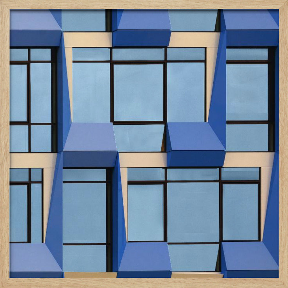 A framed abstract architectural photograph showing a repeating pattern of a modern building's facade. The image features geometric, three-dimensional blue elements surrounding light blue windows with black frames, all set against horizontal cream-colored bands. The entire piece is presented within a light wood frame. Print