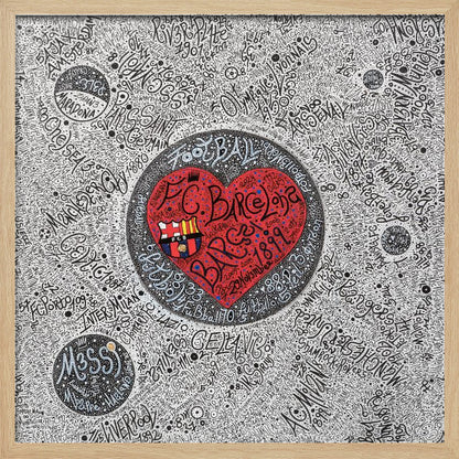 A detailed, hand-drawn typographic artwork with a black and white background filled with the names of various football clubs. At the center is a large, vibrant red heart containing the F.C. Barcelona crest and the word 'Barça' in stylized black script. The entire piece is enclosed in a light wood frame. Poster