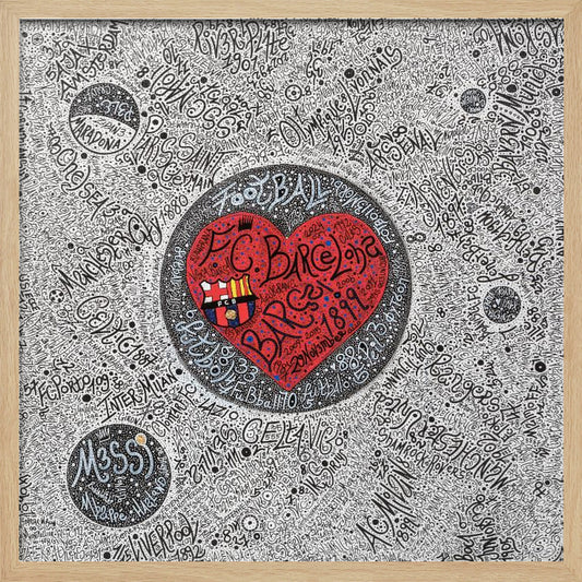 A detailed, hand-drawn typographic artwork with a black and white background filled with the names of various football clubs. At the center is a large, vibrant red heart containing the F.C. Barcelona crest and the word 'Barça' in stylized black script. The entire piece is enclosed in a light wood frame. Poster