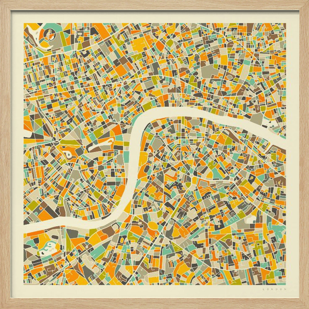 A framed, abstract map of London featuring a colorful mosaic of city blocks in orange, yellow, teal, and brown, with the River Thames winding through the center in a wide, cream-colored band. Poster