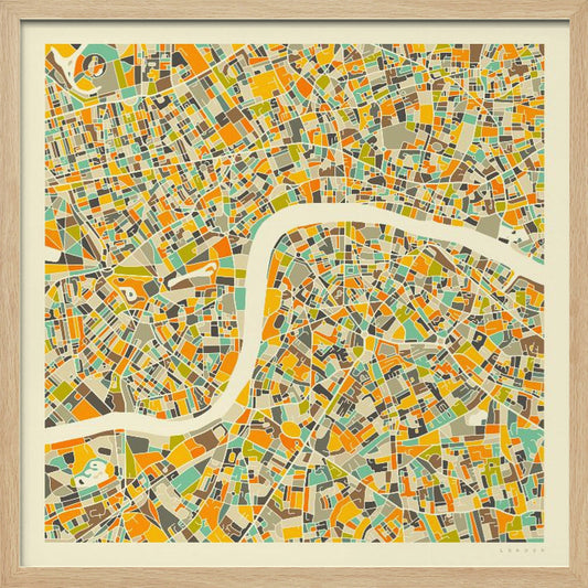 A framed, abstract map of London featuring a colorful mosaic of city blocks in orange, yellow, teal, and brown, with the River Thames winding through the center in a wide, cream-colored band. Poster