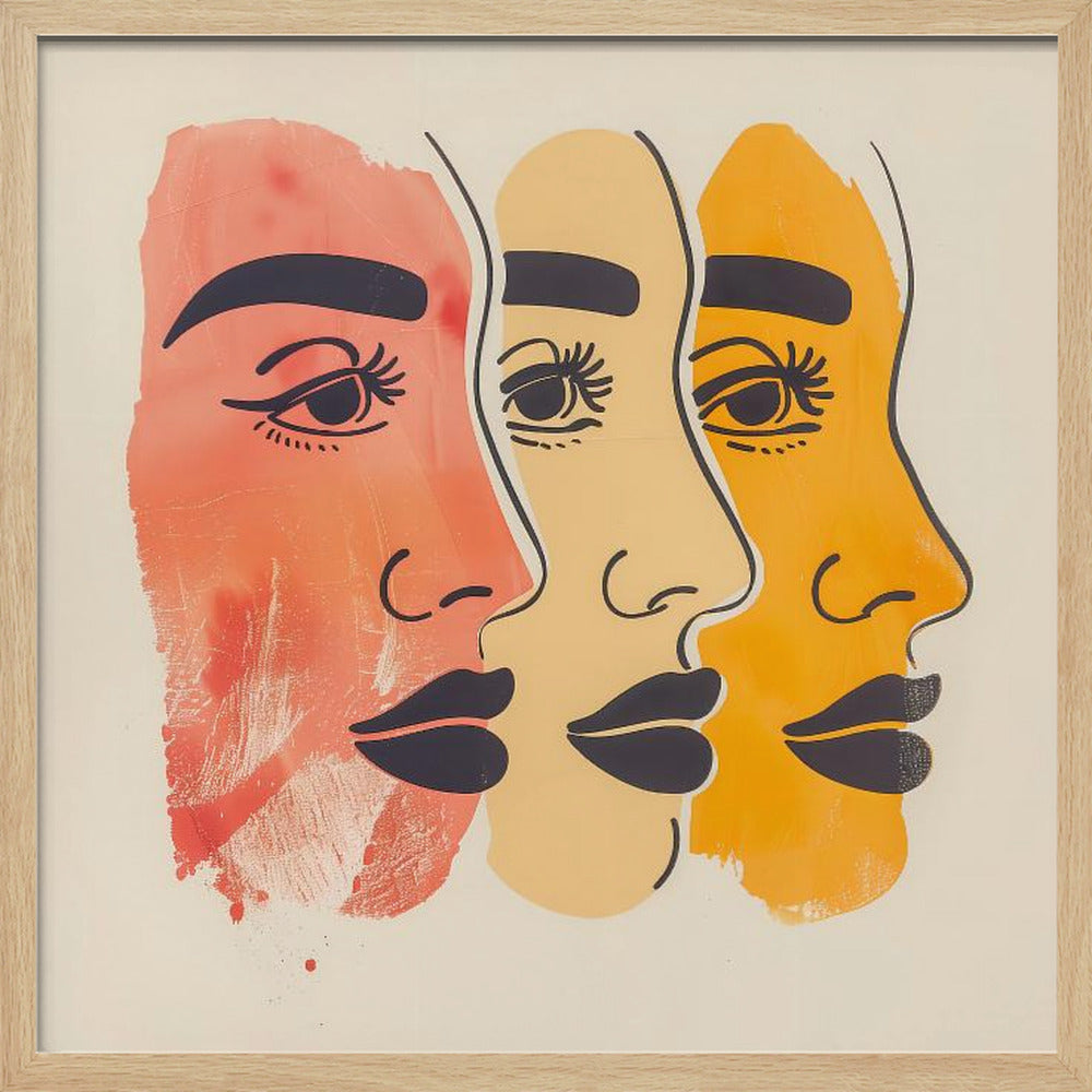 A framed piece of modern art depicting three stylized female faces in profile, layered one behind the other. The faces are rendered in shades of red-orange, pale yellow, and golden-orange, with bold black line work for the eyes, eyebrows, and lips, all set against a cream background. Print