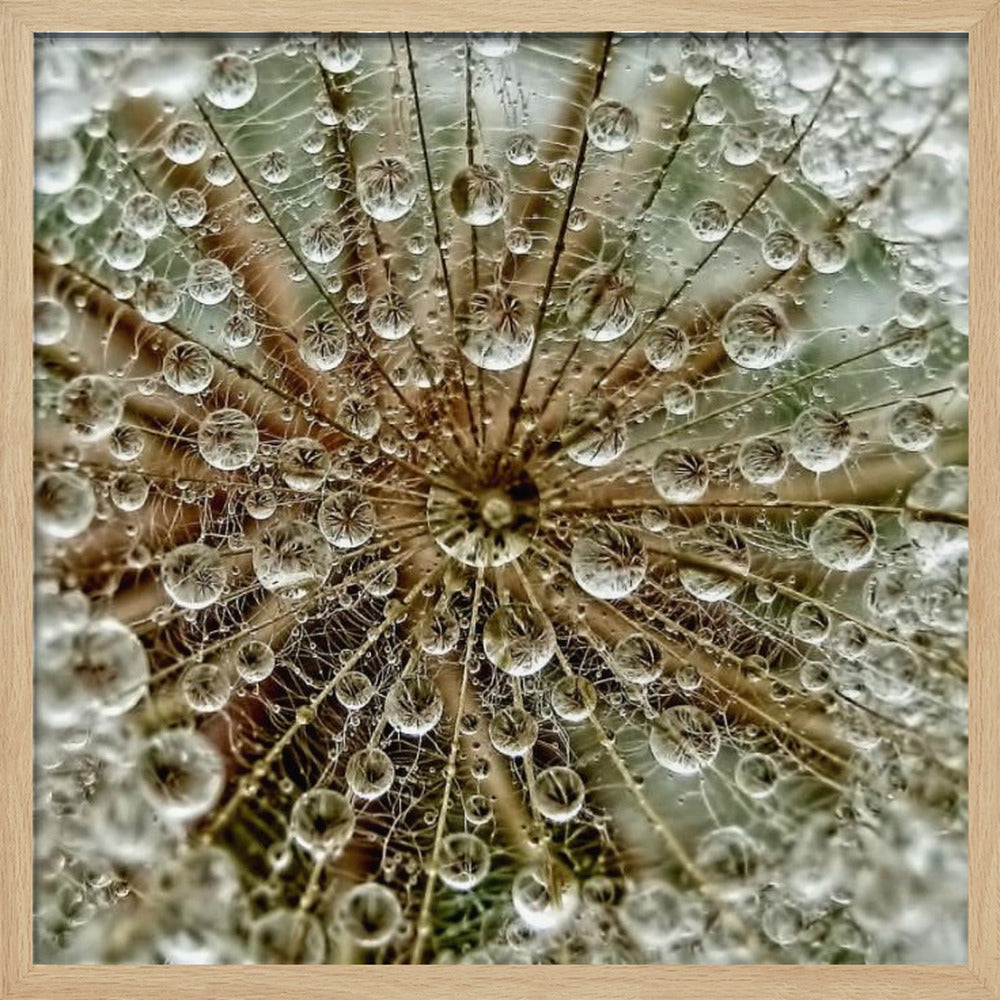 A framed macro photograph of a dandelion seed head covered in sparkling water droplets. The perspective is from the center of the flower, looking out at the radiating seeds and their delicate pappus, with each droplet reflecting the intricate structure. Artwork