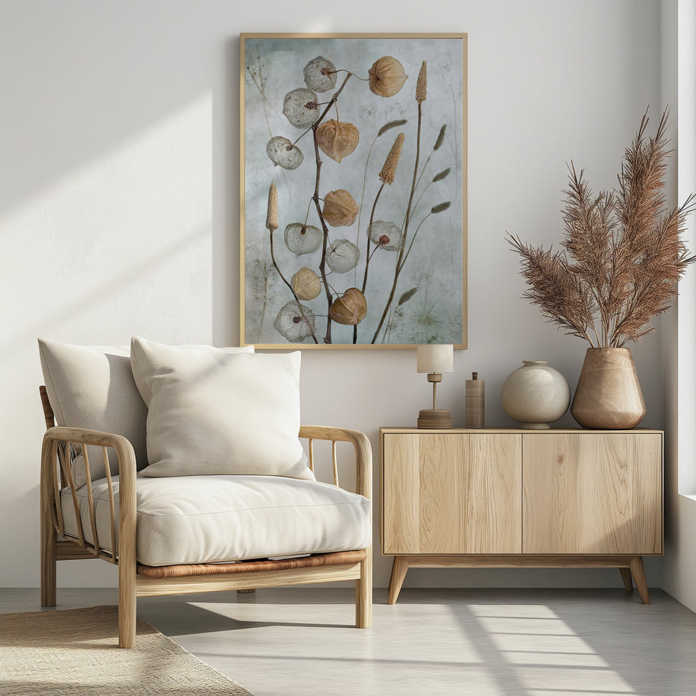 A delicate botanical still life photograph featuring dried Chinese lantern plants and various grasses against a textured, muted sage green background. Some of the lantern husks are solid and papery brown, while others are skeletal, showing the intricate vein structure. Print