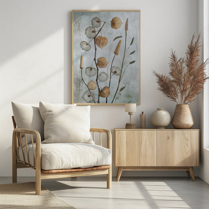 A delicate botanical still life photograph featuring dried Chinese lantern plants and various grasses against a textured, muted sage green background. Some of the lantern husks are solid and papery brown, while others are skeletal, showing the intricate vein structure. Print
