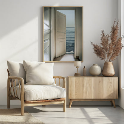 A surreal photograph showing a white interior door swung open, revealing not a landscape but the vast blue ocean, with waves gently washing over the tiled floor of the room. Decor