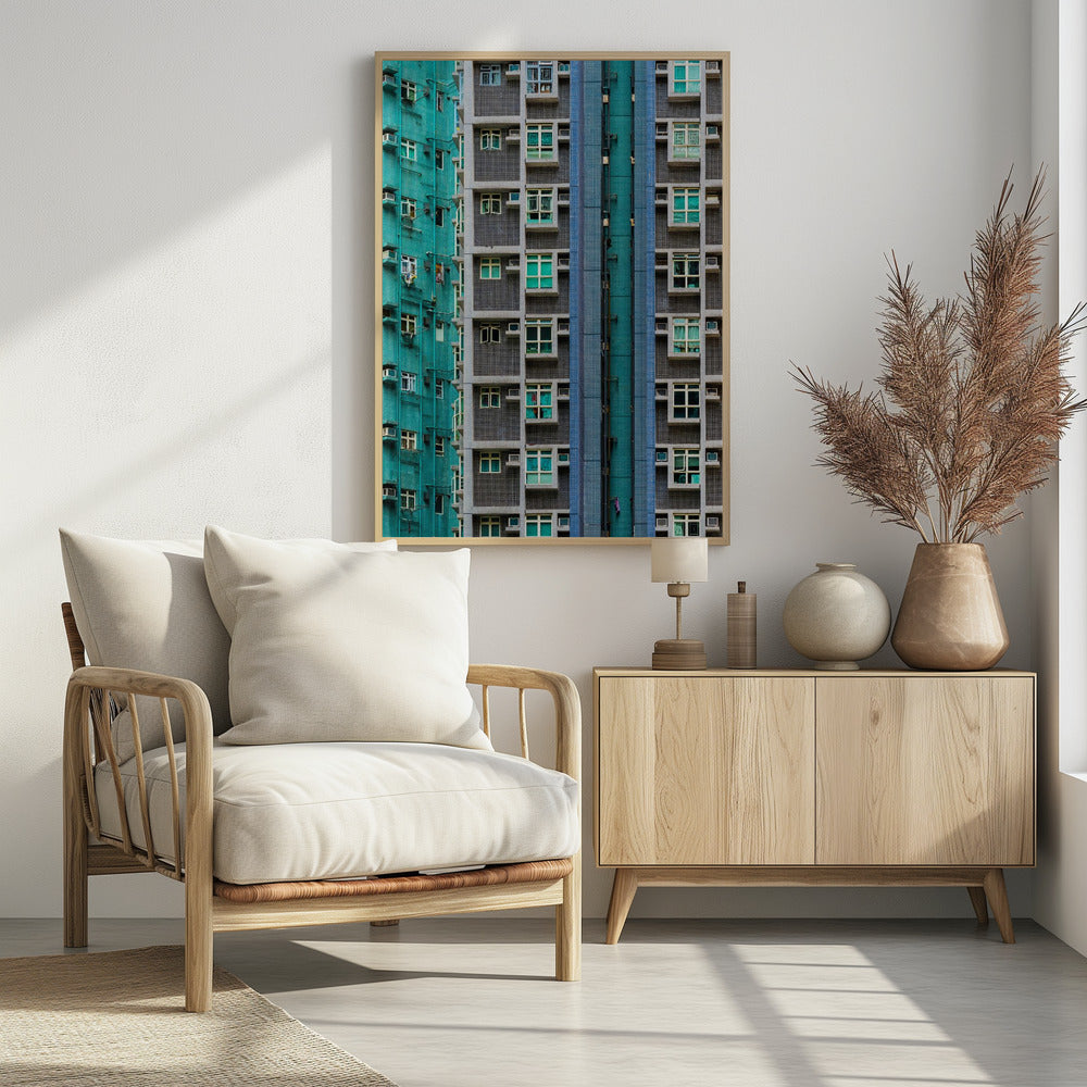 A striking close-up of two densely packed apartment buildings, one with a teal tiled facade and the other with a grey and blue tiled facade, creating a strong pattern of repeating windows and geometric lines. Decor