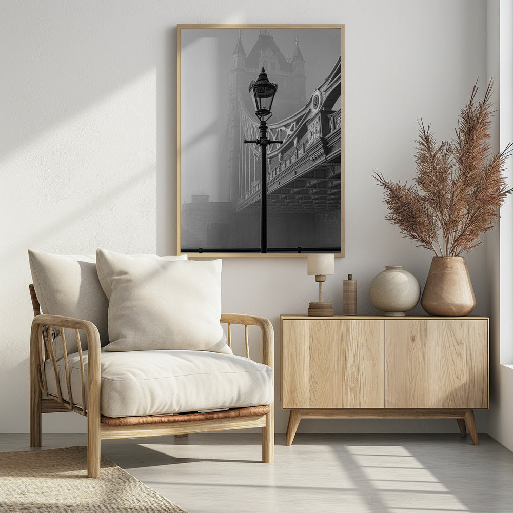 An art print or poster titled 'A bridge too far', likely depicting a scene or theme related to the historical World War II operation or the classic war film. Decor