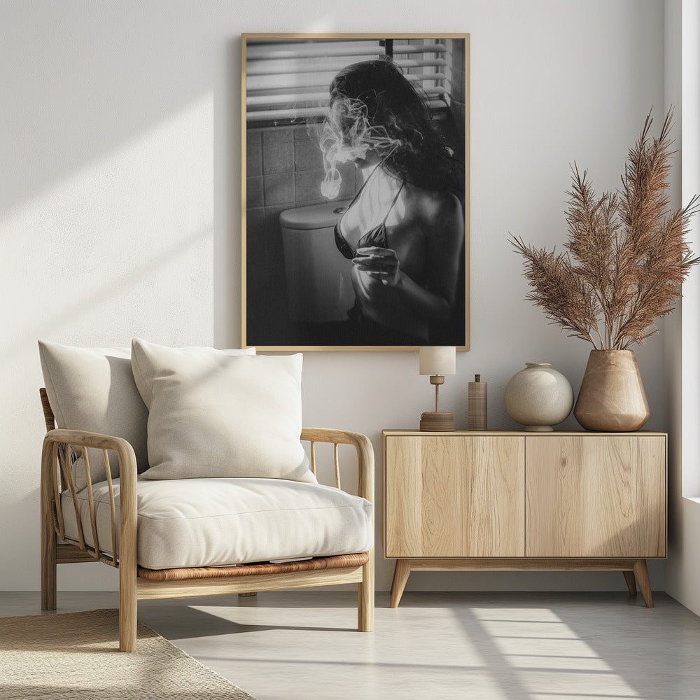 A black and white photograph of a woman in a bikini top smoking a cigarette in a bathroom. Light from a window with blinds creates dramatic shadows as a thick cloud of smoke obscures her face. Poster