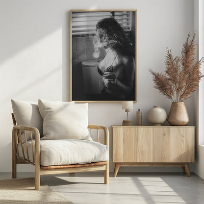 A black and white photograph of a woman in a bikini top smoking a cigarette in a bathroom. Light from a window with blinds creates dramatic shadows as a thick cloud of smoke obscures her face. Poster