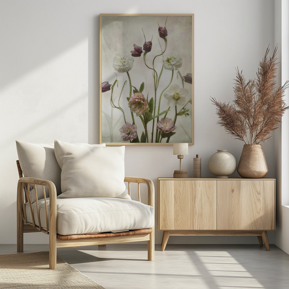 A vintage-style botanical illustration of various flowers against a textured, off-white background. The composition includes purple checkered fritillaries on long, winding stems, fluffy white drumstick primulas, and delicate pink and white hellebores. Poster