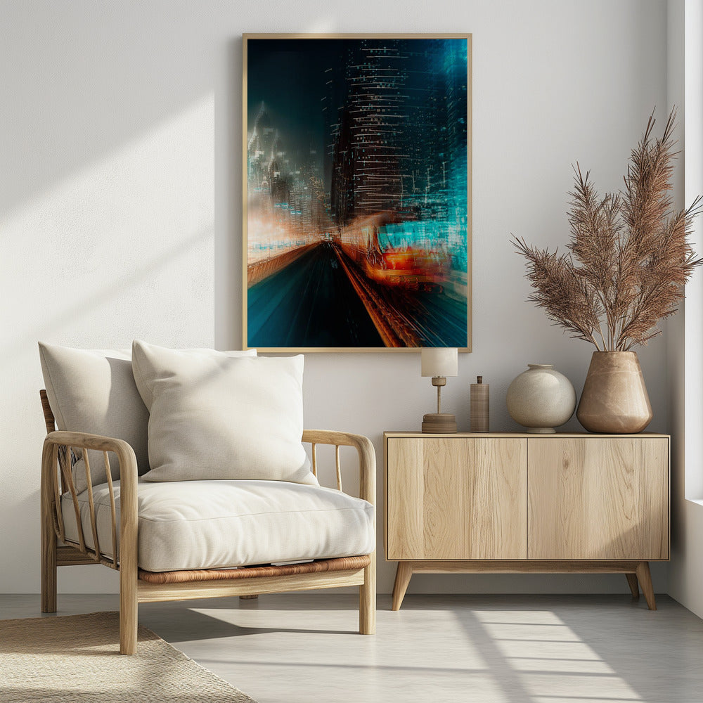A dynamic, motion-blurred photograph of a train speeding through a futuristic city at night. The train is a blur of red and orange light on the right, while the city's skyscrapers are depicted as towering structures of distorted teal and dark blue light, creating a sense of speed and digital energy. Decor